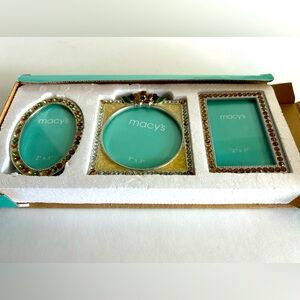 VINTAGE MACY'S SET OF 3 PEWTER PHOTO FRAMES JEWELED CRYSTALS& ENAMELED NEW
